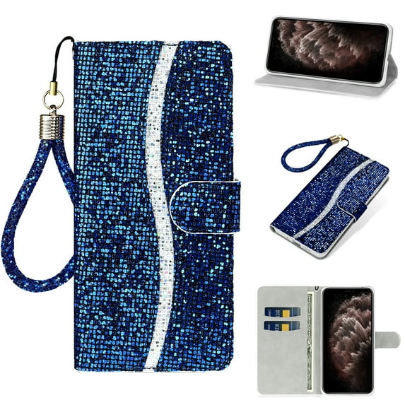 Mantto Girly Case for iPhone 14 Bumper Cover, Bling Glitter Card/Credit Slot Wallet Case, Magnetic Wrist Hand Strap Shockproof Folio Stand PU Leather Shell For iPhone 14 6.1" 2022, Blue
