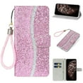 thumbnail image 1 of Mantto Girly Case for iPhone 14 Plus Bumper Cover, Bling Glitter Card/Credit Slot Wallet Case, Magnetic Wrist Hand Strap Shockproof Folio Stand PU Leather Shell For iPhone 14 Plus 6.7" 2022, Pink, 1 of 6