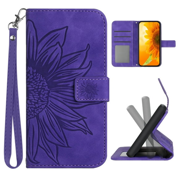 Mantto for Google Pixel 6 6.4 inch Wallet Case with Wrist Strap,Stylish Sunflower Embossed PU Leather Shockproof Protective Magnetic Flip Holder Credit Card Slots Protective Phone Cover,Darkpurple