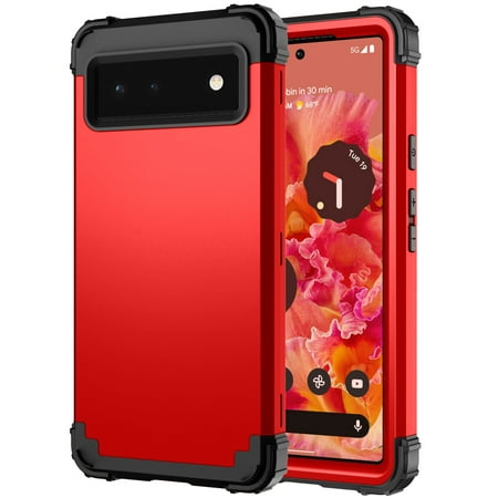 Mantto for Google Pixel 6 Case, 3 in 1 Heavy Duty Rugged Hybrid Anti Slip Shockproof Hard PC Cover Soft Silicone Bumper Non-Slip Protective Phone Case Cover for Google Pixel 6 2021,Red