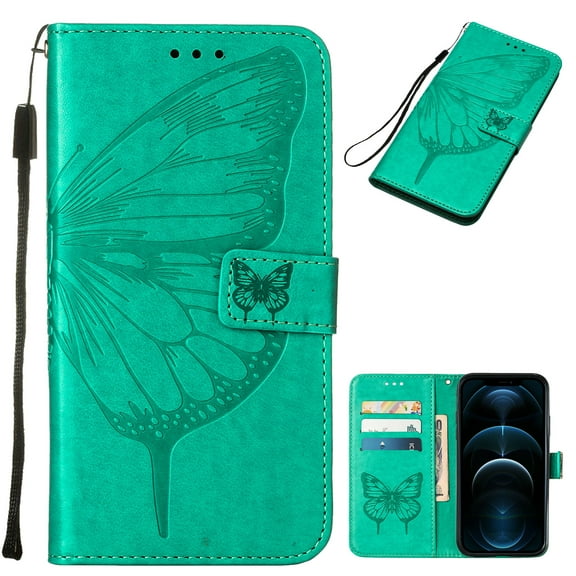Mantto Google Pixel 6 Case, Magnetic Folio Butterfly Patterned Wallet Case, PU Leather with Wrist Strap Credit Card Holder Slots Kickstand Protective Cover For Google Pixel 6, Green
