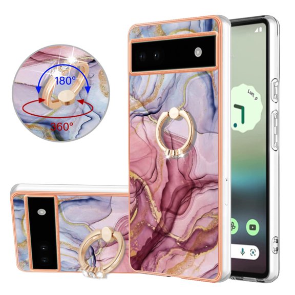 Mantto For Google Pixel 6A Case,Ring Holder Stand Marble Pattern 3 in 1 Rugged Shockproof Hybrid Hard PC Soft Rubber Bumper Drop Protective Girls Women Boy Men Phone Cases for Google Pixel 6A,Rose
