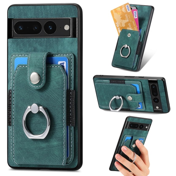 Mantto for Google Pixel 6a Back Wallet Case,with Elastic Card Holder,Shockproof PU Leather 360° Rotation Ring Kickstand Support Magnetic Car Mount Phone Case for Women Men,Green