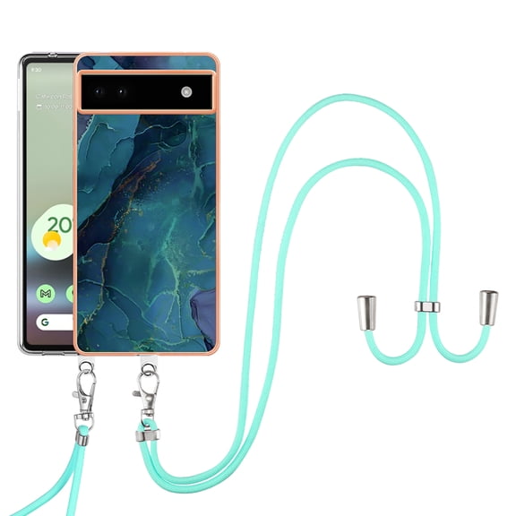 Mantto for Google Pixel 6a Case, with Lanyard Adjustable Strap, Marble Pattern Soft TPU Bumper Hard PC Back Shockproof Protective Glossy Stylish Durable Phone Case for Women Girls,Green