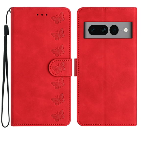 Mantto for Google Pixel 7 Pro Wallet Case with Credit Card Holder Wrist Hand Strap Cover, Butterfly Pattern PU Leather TPU Shockproof Anti-Scratches Exquisite Flip Case for Google Pixel 7 Pro, Red