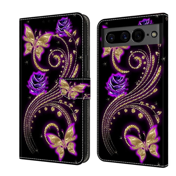 Mantto for Google Pixel 7 Wallet Case for Women Men,Fashion Painted Pattern PU Leather Magnetic Clasp Flip Protective Case with Kickstand Credit Card Slots Phone Case,Purple Flowers & Butterflies