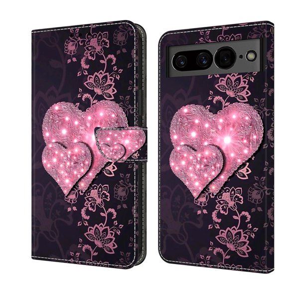 Mantto for Google Pixel 7 Wallet Case for Women Men,Fashion Painted Pattern PU Leather Magnetic Clasp Flip Protective Case with Kickstand Credit Card Slots Phone Case,Lace Heartbeat