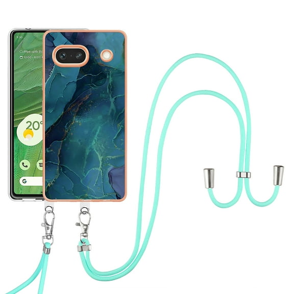 Mantto for Google Pixel 7a Case, with Lanyard Adjustable Strap, Marble Pattern Soft TPU Bumper Hard PC Back Shockproof Protective Glossy Stylish Durable Phone Case for Women Girls,Green