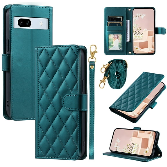 Mantto for Google Pixel 7a Wallet Case with Detachable Wrist Strap & Shoulder Strap,Shockproof Luxury PU Leather Purse Credit Card Slots Magnetic Flip Kickstand Crossbody Phone Case, Green