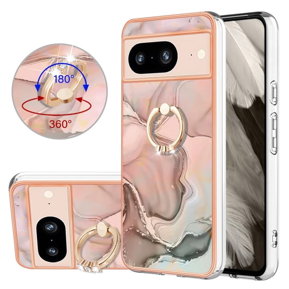 Mantto For Google Pixel 8A Case,Ring Holder Stand Marble Pattern 3 in 1 Rugged Shockproof Hybrid Hard PC Soft Rubber Bumper Drop Protective Girls Women Boy Men Phone Cases for Google Pixel 8A,Gold