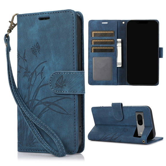 Mantto for Google Pixel 8a Embossed Pattern Wallet Case with Wrist Strap, Premium Retro PU Leather Magnetic Flip Kickstand Function Credit Card Holder Shockproof Slim Phone Case,Blue