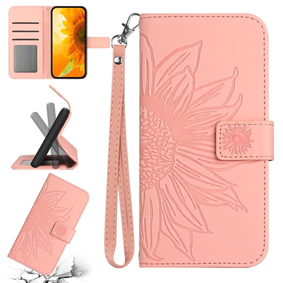 Mantto for Google Pixel 9 / 9 Pro Wallet Case with Wrist Strap,Stylish Sunflower Embossed PU Leather Shockproof Protective Magnetic Flip Stand Card Slots Protective Phone Cover,Pink