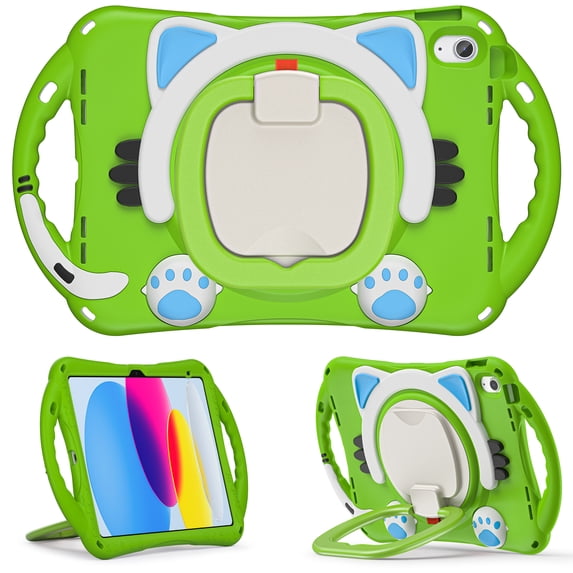 Mantto Kids Case for iPad 10th Generation 10.9 inch 2022, 360 Rotatable Ring Stand Heavy Duty Rugged Handle with Shoulder Strap-Pencil Holder Case Shockproof Silicone Kids Friendly Cover, Green