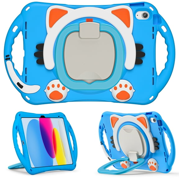 Mantto Kids Case for iPad 10th Generation 10.9 inch 2022, 360 Rotatable Ring Stand Heavy Duty Rugged Handle with Shoulder Strap-Pencil Holder Case Shockproof Silicone Kids Friendly Cover, Blue