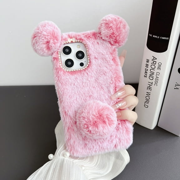 Mantto Lovely Plush Case for iPhone 13, with Cute Ears & Tail Shape, Soft Furry Fluffy Fuzzy Winter Warm Flexible TPU Bumper Shockproof Phone Case for Women Girls,Pink