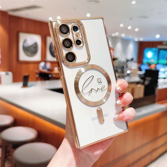 Mantto Magnetic Case for Samsung Galaxy S22 Ultra Electroplated Crystal Clear Case, Love Pattern Sparkle Shockproof Phone Cover Compatible with MagSafe Wireless Charging, Gold