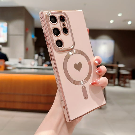 Mantto Magnetic Case for Samsung Galaxy S24 Plus (6.7 inch),with Love Heart Pattern,Compatible with MagSafe,Luxury Plating Edge Slim Fit Lightweight Shockproof Phone Case for Women Girls,Pink