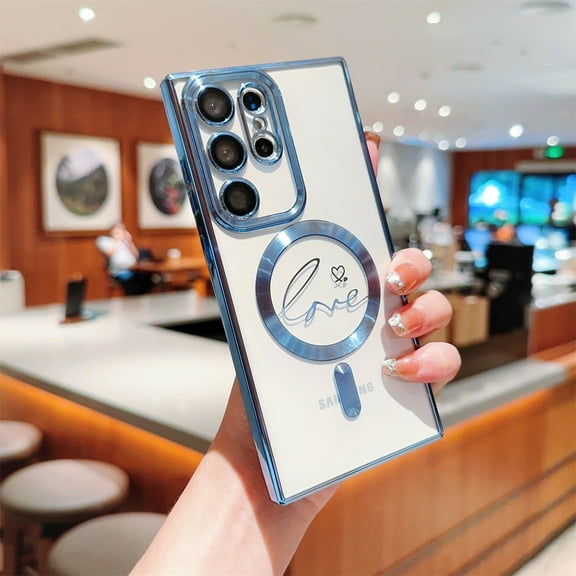 Mantto Magnetic Case for Samsung Galaxy S24 Ultra Electroplated Crystal Clear Case, Love Pattern Sparkle Shockproof Phone Cover Compatible with MagSafe Wireless Charging, Blue