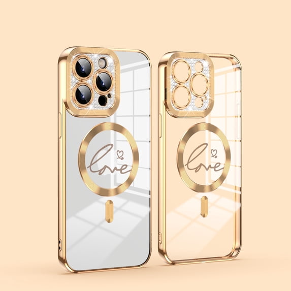 Mantto Magnetic Case for iPhone 11 Electroplated Crystal Clear Case, Love Pattern Sparkle Shockproof Phone Cover Compatible with MagSafe Wireless Charging, Gold