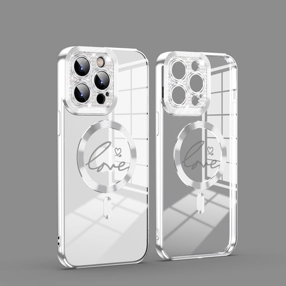 Mantto Magnetic Case for iPhone 11 Electroplated Crystal Clear Case, Love Pattern Sparkle Shockproof Phone Cover Compatible with MagSafe Wireless Charging, Silver