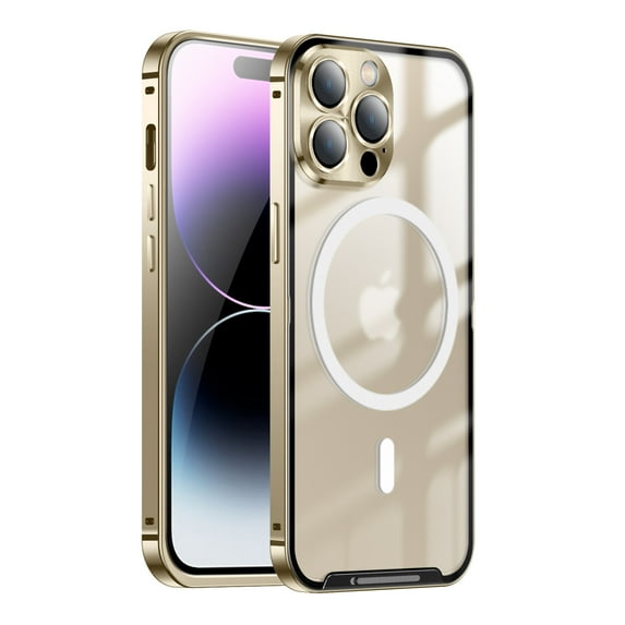 Mantto Magnetic Case for iPhone 14 Pro Max Case, Metal Aluminium Alloy Clear Back Lens Protection Protective-Compatible with Wireless Charging Magsafe for iPhone 14 Pro Max, Gold
