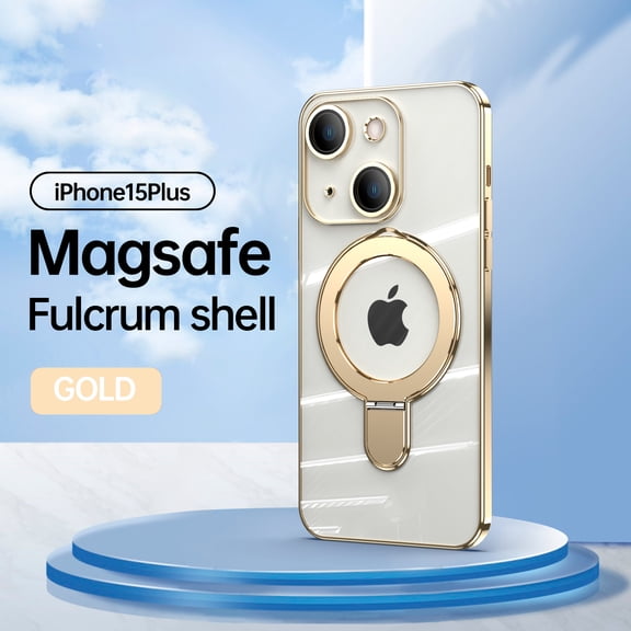 Mantto Magnetic Clear for iPhone 15 Plus Case with Invisible Stand & Lens Film [Compatible with MagSafe] [Non Yellowing] Shockproof Plating Transparent Slim Phone Case for Women Men,Gold
