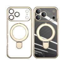 Mantto Magnetic Clear for iPhone 17 Pro Case with Invisible Stand & Lens Film [Compatible with MagSafe] [Non Yellowing] Shockproof Plating Transparent Slim Phone Case,Gold