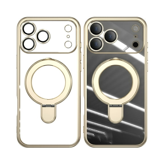 Mantto Magnetic Clear for iPhone 17 Pro Case with Invisible Stand & Lens Film [Compatible with MagSafe] [Non Yellowing] Shockproof Plating Transparent Slim Phone Case,Gold