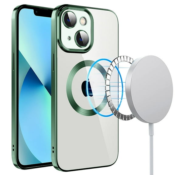 Mantto Magnetic Phone Case for iPhone 14 Plus,Clear Cover Compatible with MagSafe Charging,Shockproof Luxury Plating Transparent Slim Phone Case Bulit in Camera Lens Film,Darkgreen