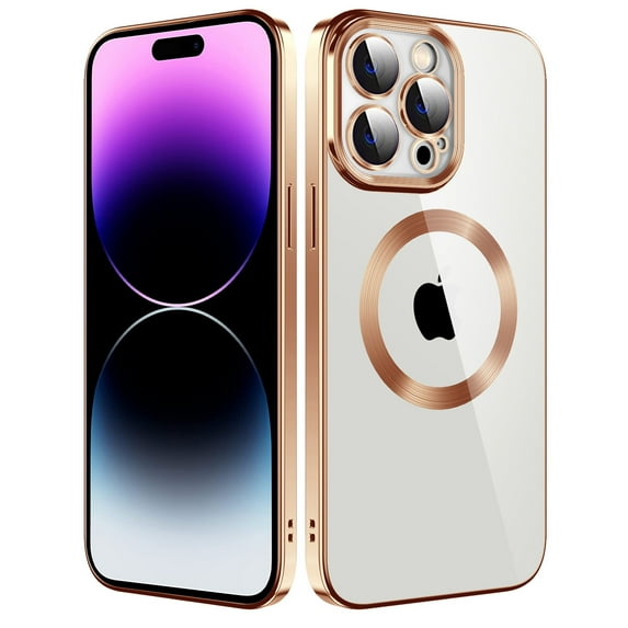 Mantto Magnetic Phone Case for iPhone 14 Pro Max,Clear Cover Compatible with MagSafe Charging,Shockproof Luxury Plating Transparent Slim Phone Case Bulit in Camera Lens Film,Gold