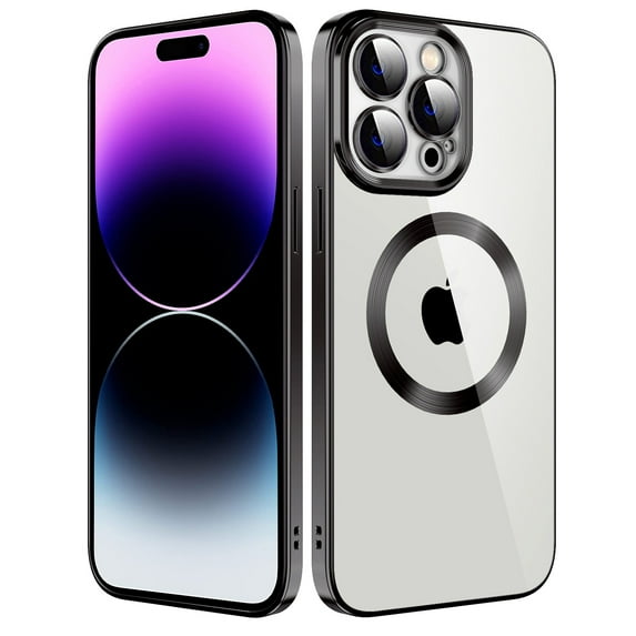 Mantto Magnetic Phone Case for iPhone 14 Pro Max,Clear Cover Compatible with MagSafe Charging,Shockproof Luxury Plating Transparent Slim Phone Case Bulit in Camera Lens Film,Black