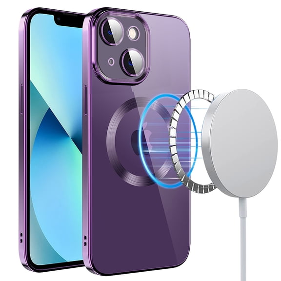 Mantto Magnetic Phone Case for iPhone 15,Clear Cover Compatible with MagSafe Charging,Shockproof Luxury Plating Transparent Slim Phone Case Bulit in Camera Lens Film,Purple