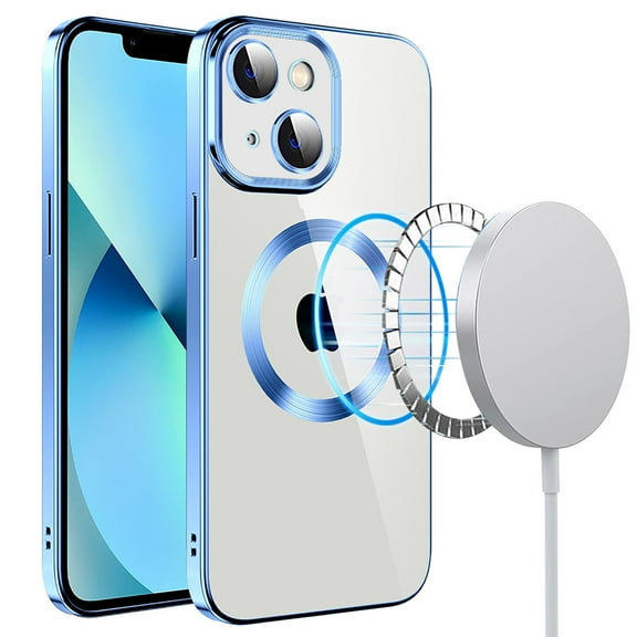 Mantto Magnetic Phone Case for iPhone 15,Clear Cover Compatible with MagSafe Charging,Shockproof Luxury Plating Transparent Slim Phone Case Bulit in Camera Lens Film,Blue