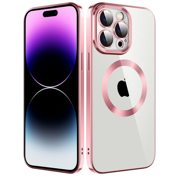Mantto Magnetic Phone Case for iPhone 15 Pro Max,Clear Cover Compatible with MagSafe Charging,Shockproof Luxury Plating Transparent Slim Phone Case Bulit in Camera Lens Film,Pink