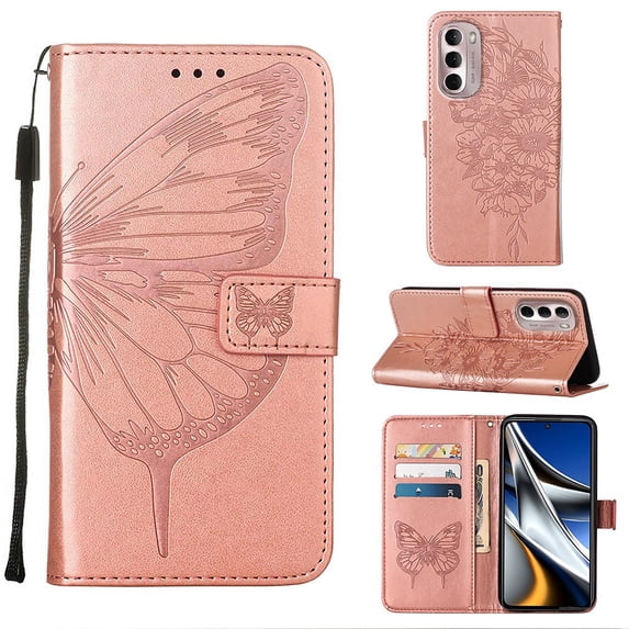 Mantto Motorola Moto G Stylus 4G (2022) Case, Magnetic Folio Butterfly Embossed Wallet Case, Premium Leather Wrist Strap Credit Card Holder Slots Kickstand Shockproof Cover, Rosegold