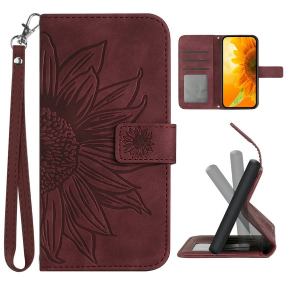 Mantto for Motorola Moto G Stylus 5G (2023) 6.6 inch Wallet Case with Wrist Strap,Stylish Sunflower Embossed PU Leather Shockproof Protective Magnetic Flip Stand Card Slots Phone Cover,Winered