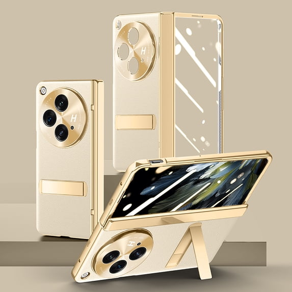 Mantto for OnePlus Open 2023 Case with HD / Peep-proof Tempered Film,Premium PU Leather Plating Spring Hinge Protection Shockproof Kickstand Phone Case,Gold/Hd Screen Protector