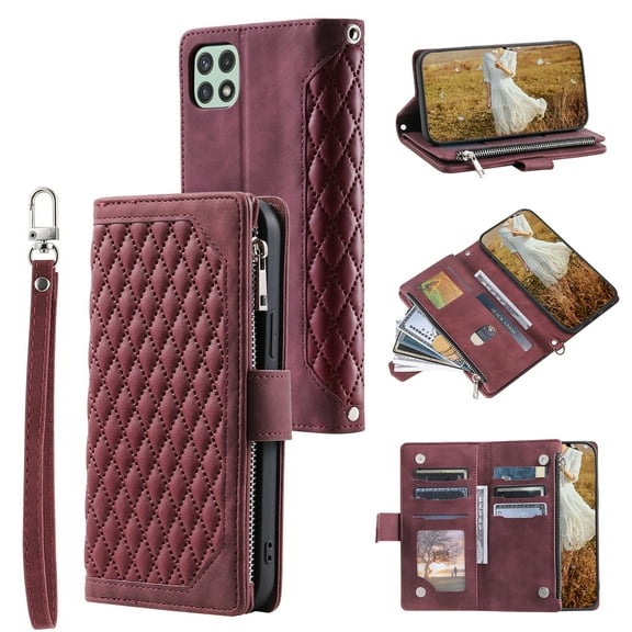 Mantto for Samsung A22 Case 4G, PU Leather Crossbody Case Purse Zipper Pocket Folio Card Slots Wallet Kickstand Phone Case with Shoulder Strap & Wrist Strap For Samsung Galaxy A22 4G,
Winered