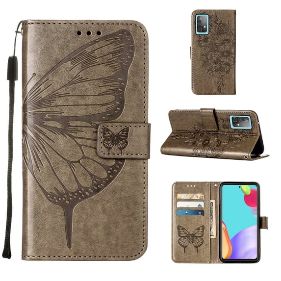 Mantto Samsung A52 Case, Magnetic Folio Butterfly Patterned Wallet Case, PU Leather with Wrist Strap Credit Card Holder Slots Kickstand Protective Cover For Samsung Galaxy A52, Gray