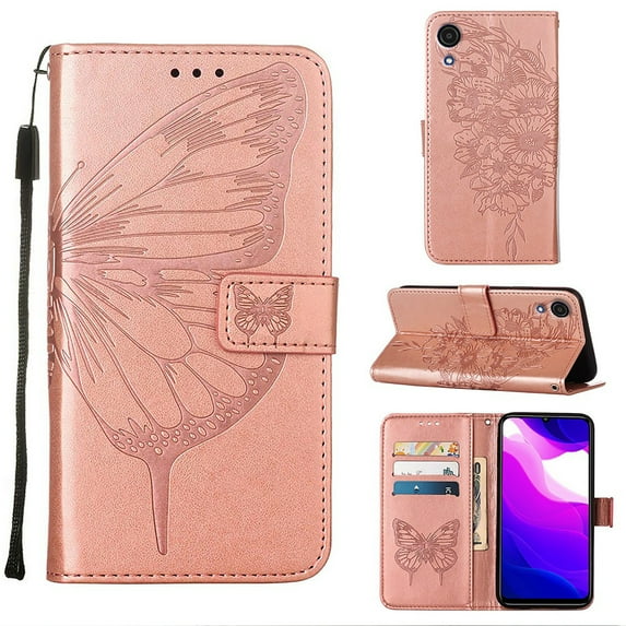 Mantto Samsung Galaxy A03 Core Case, Magnetic Folio Butterfly Embossed Wallet Case, Premium Leather Wrist Strap Credit Card Holder Slots Kickstand Shockproof Cover For Samsung Galaxy A03 Core,Rosegold