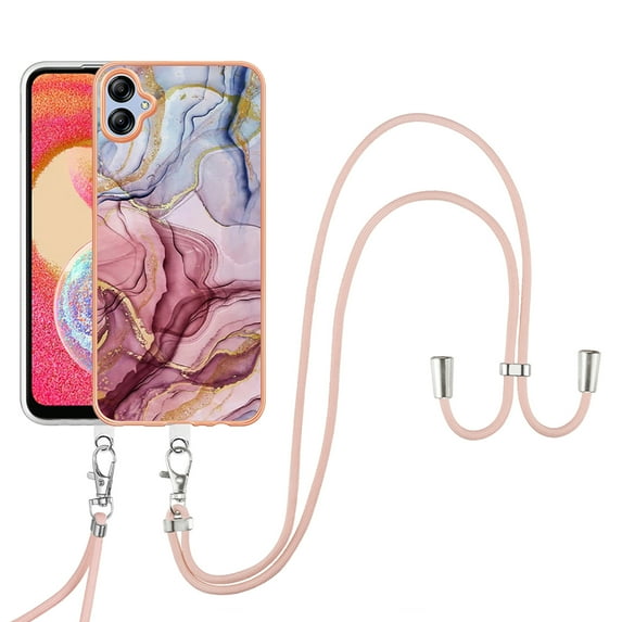 Mantto for Samsung Galaxy A05 Case, with Lanyard Adjustable Strap, Marble Pattern Soft TPU Bumper Hard PC Back Shockproof Protective Glossy Stylish Durable Phone Case for Women Girls,Rose-carmine