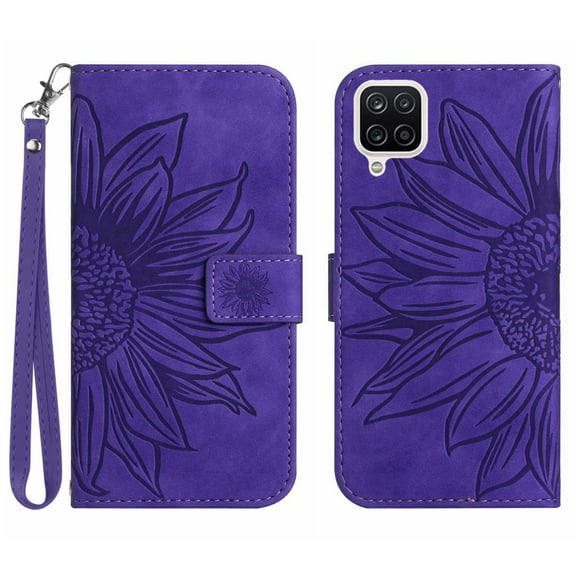 Mantto for Samsung Galaxy A12 5G Wallet Case with Wrist Strap,Stylish Sunflower Embossed PU Leather Shockproof Protective Magnetic Clasp Flip Kickstand Card Slots Phone Cover,Darkpurple
