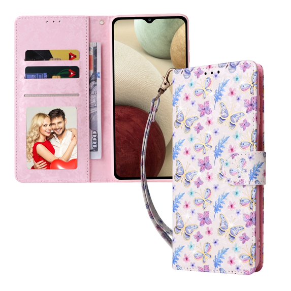 Mantto for Samsung Galaxy A12 Flower Pattern Leather Wallet Case with Magnetic Clasp Stand and Bank Card Slots Wrist Strap Protective Flip Phone Cover for Samsung Galaxy A12, E