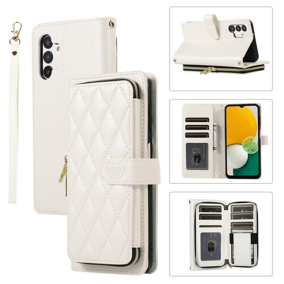Mantto for Samsung Galaxy A13 4G Wallet Case,Crossbody Phone Case PU Leather Zipper with Wrist Strap & Shoulder Strap Flip Cover Credit Card Holder Magnetic Shockproof Protective Case,White