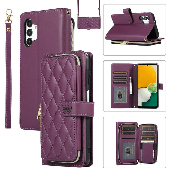 Mantto for Samsung Galaxy A13 4G Wallet Case,Crossbody Phone Case PU Leather Zipper with Wrist Strap & Shoulder Strap Flip Cover Credit Card Holder Magnetic Shockproof Protective Case,Darkpurple