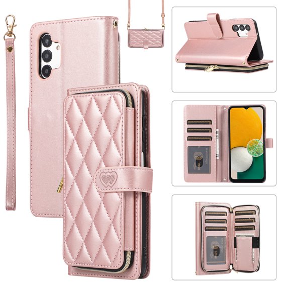 Mantto for Samsung Galaxy A13 4G Wallet Case,Crossbody Phone Case PU Leather Zipper with Wrist Strap & Shoulder Strap Flip Cover Credit Card Holder Magnetic Shockproof Protective Case,Rosegold