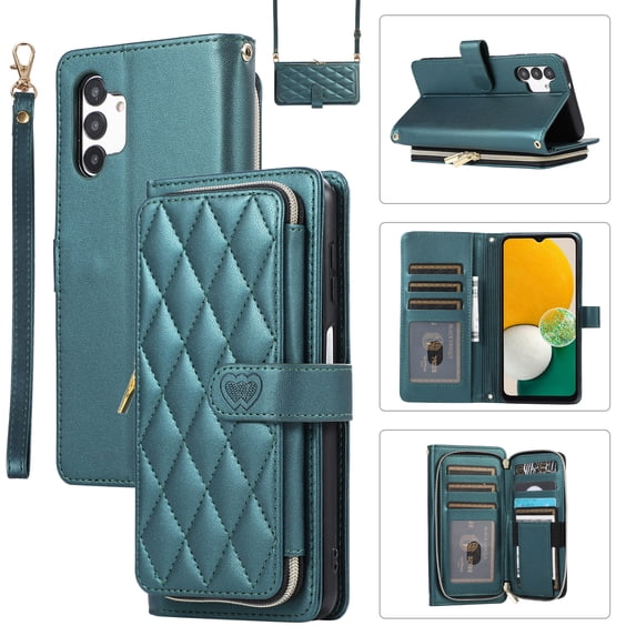 Mantto for Samsung Galaxy A13 4G Wallet Case,Crossbody Phone Case PU Leather Zipper with Wrist Strap & Shoulder Strap Flip Cover Credit Card Holder Magnetic Shockproof Protective Case,Darkgreen