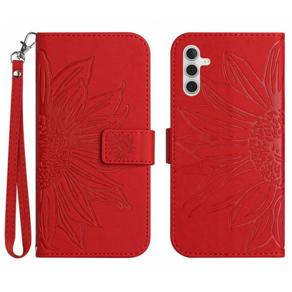 Mantto for Samsung Galaxy A14 5G 6.6 inch Wallet Case with Wrist Strap,Stylish Sunflower Embossed PU Leather Shockproof Protective Magnetic Flip Stand Card Slots Protective Phone Cover,Red