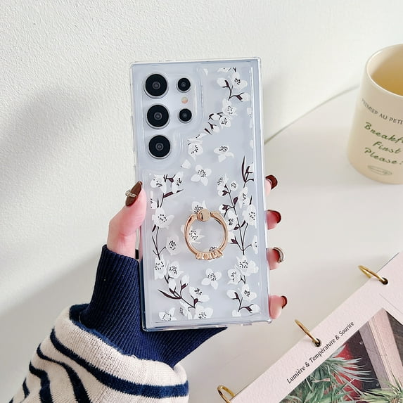 Mantto for Samsung Galaxy A14 5G Case, Cute Flowers Floral Chic Design Glitter Diamond Ring Kickstand Phone Cover for Women Girls, Shockproof Durable TPU Transparent Slim Phone Case,D