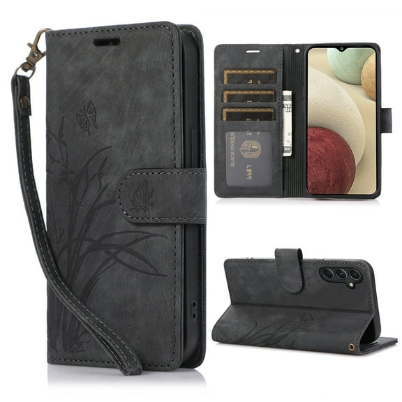 Mantto for Samsung Galaxy A14 5G Embossed Pattern Wallet Case with Wrist Strap, Premium Retro PU Leather Magnetic Flip Kickstand Function Credit Card Holder Shockproof Slim Phone Case,Black